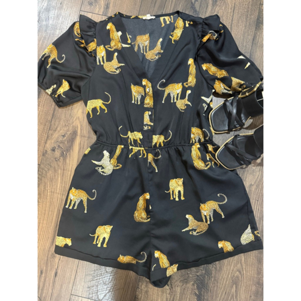 Jodifl Cheetah Black Satin Romper Medium